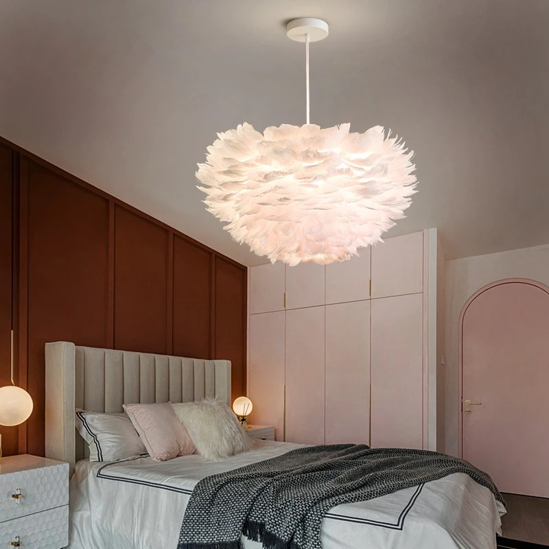 Bedroom chandelier minimalist modern Nordic restaurant lighting, living room headlight, small room girl feather lamp