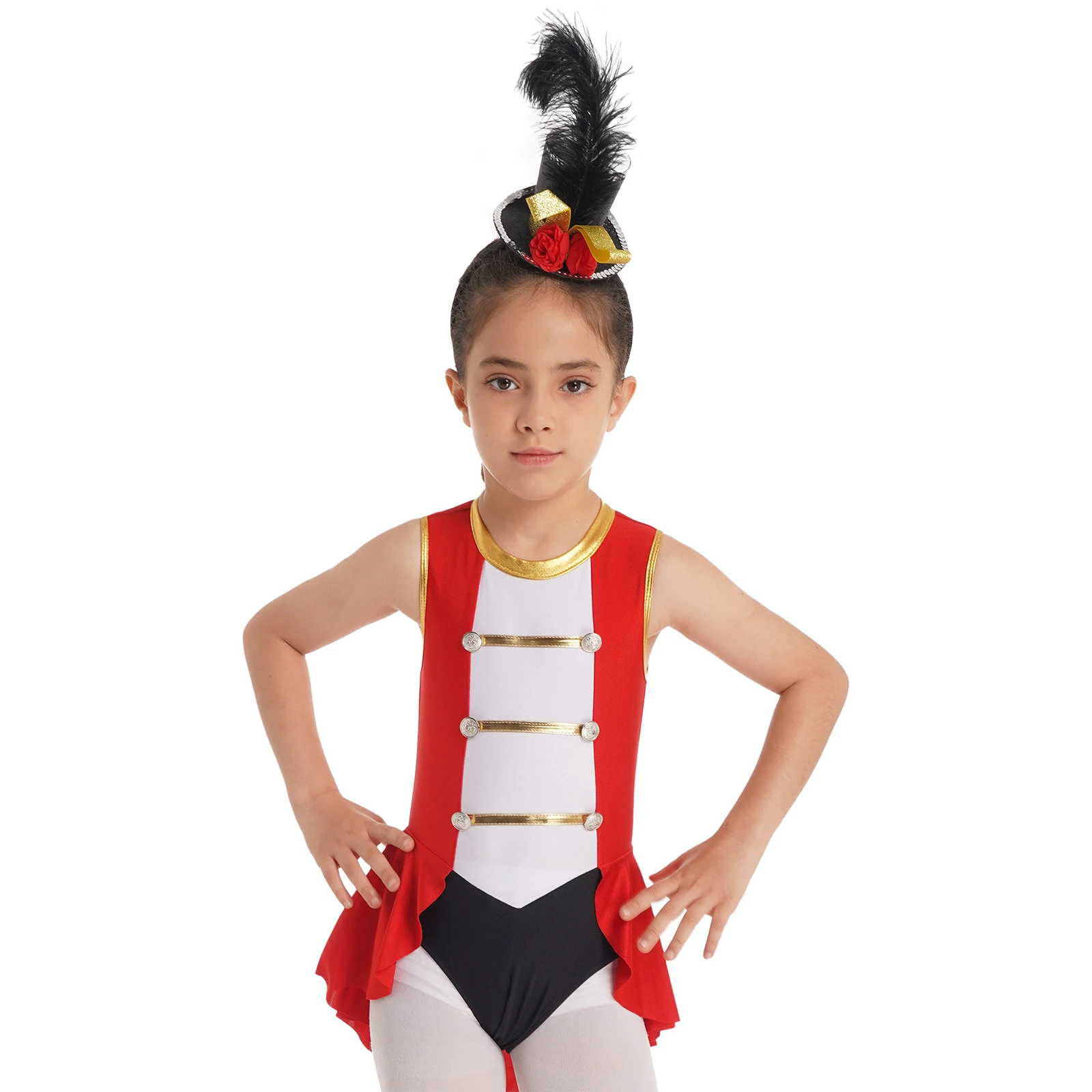 Kids Girls Circus Ringmaster Cosplay Costume Sleeveless Back Hollow Out Vintage Buttons Adorned Cosplay Leotard Tassel Jumpsuit