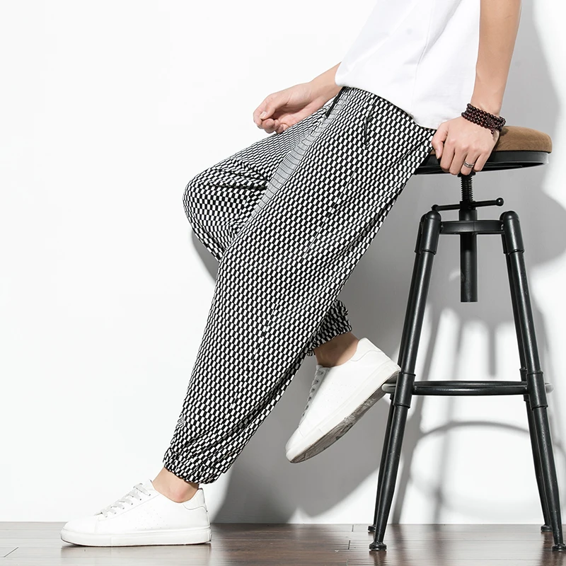 Cool Ice Silk Pants Korean Style Plaid Summer Casual Pants Mens Fashion Trousers Male Oversize Harem Pants Clothes Streetwear