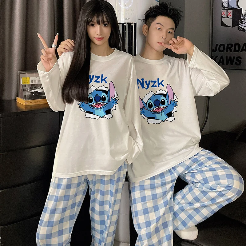 Disney Stitch spring and autumn new combed cotton couple pajamas cute cartoon casual Mickey loungewear set