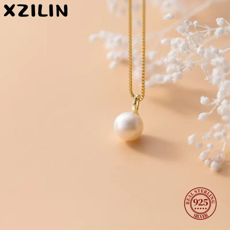 

XZiLin Pearl Pendant S925 Sterling Necklaces for Women Temperament Clavicle Box Chain Choker 14K Gold Plated Jewelry