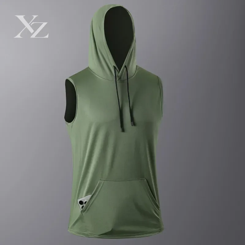 Men's Sleeveless Hooded Muscle Tank Top with Kangaroo Pocket Quick-Dry Sports Vest for Gym & Outdoor Casual Athletic Wear