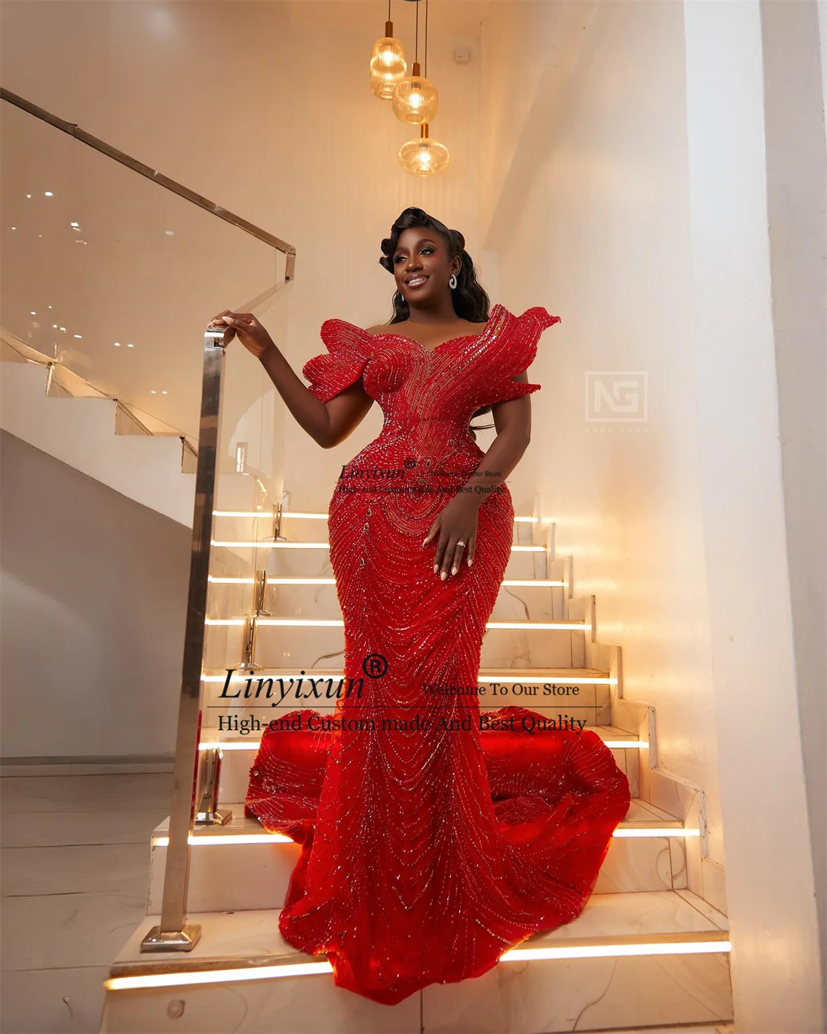 Glitter Kristallen Kralen Zeemeermin Galajurk Aangepaste Aso Ebi Mouwloze Avondjurk Afrikaanse Dubai Lange Robe De Soire