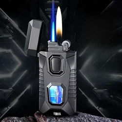 Metal Windproof Double Jet Flame Butane Gas Lighter Transparent Oil Window LED Blue Light Originality Personalized Cigar Lighter