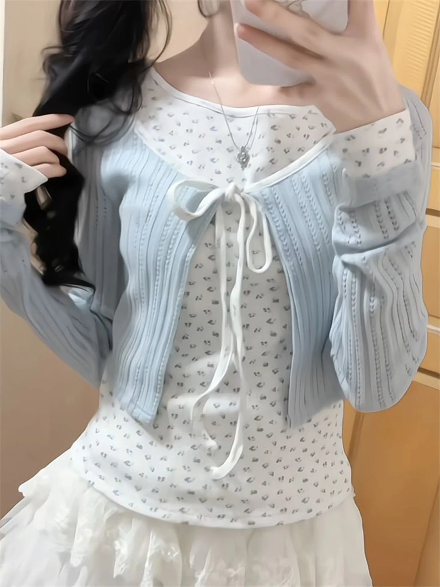 Blue Floral Print Short Knitted Cardigan Women's Long Sleeve T-Shirt Sweet Belted Spring Autumn Trendy Korean Style Breathable