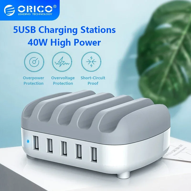 ORICO 5 Ports USB Charger Station Dock with Holder 40W 5V2.4A Charging USB Cable for iphone Samsung Xiaomi ORICO Official Store