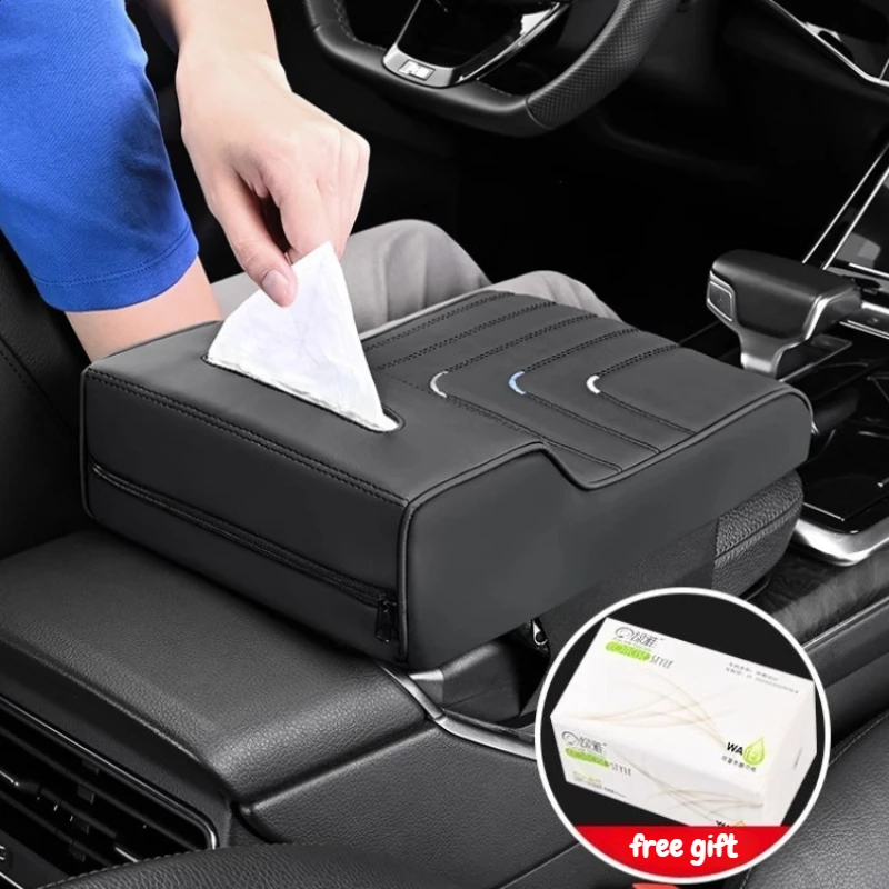 Car Armrest Box Height Increase Pad with Tissue Dispenser Car Armrest Leather Non-slip Memory Foam Pillow Protective Cover