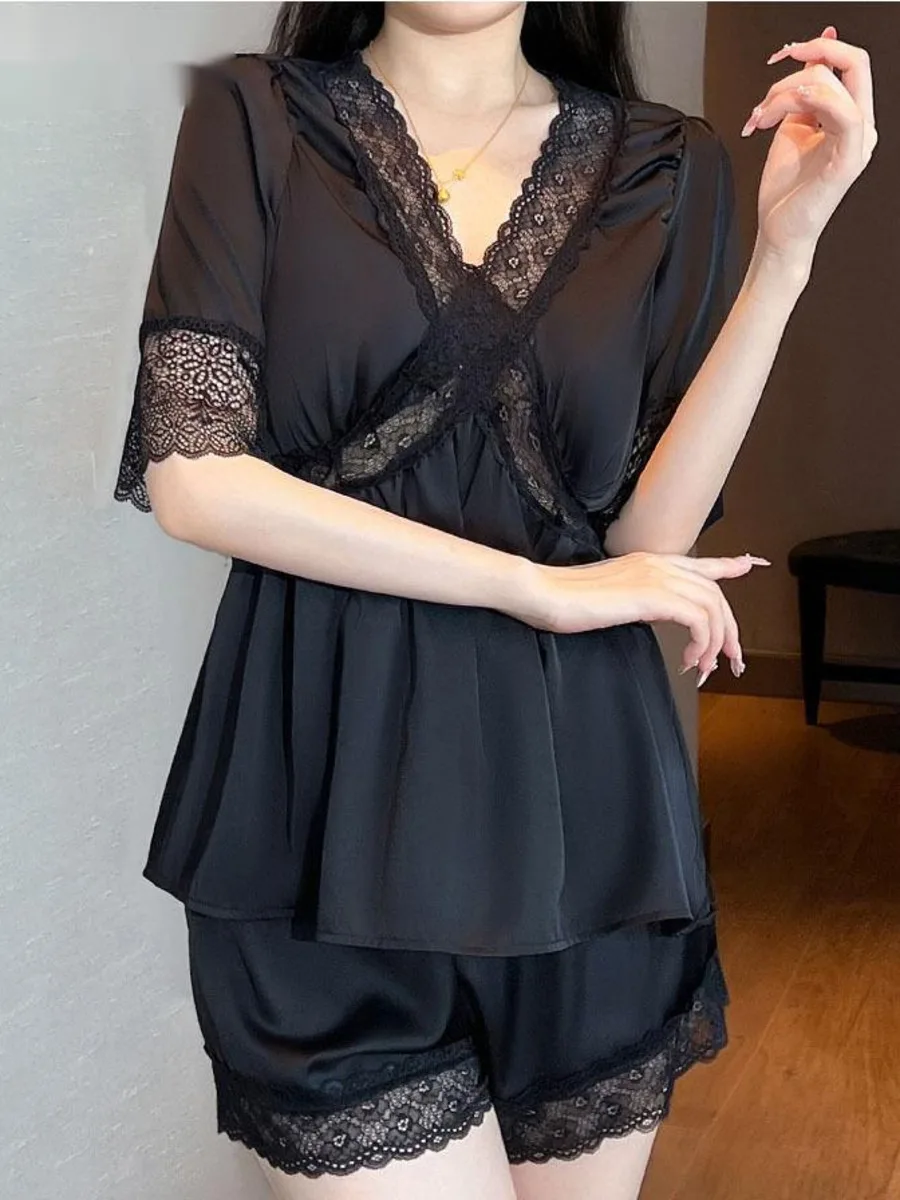 Autumn New French Court Elegant Style V-Neck Pajama Shorts Set Sexy Lace Trim With Chest Pads Homewear Shorts Set For Women ROIM