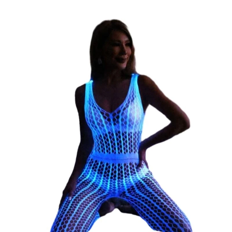 Glow In The Dark Fishnet Bodysuit for Women Sexy Open Crotch Bodystockings Hollow Out Mesh Chemise Luminous Sex Clothes