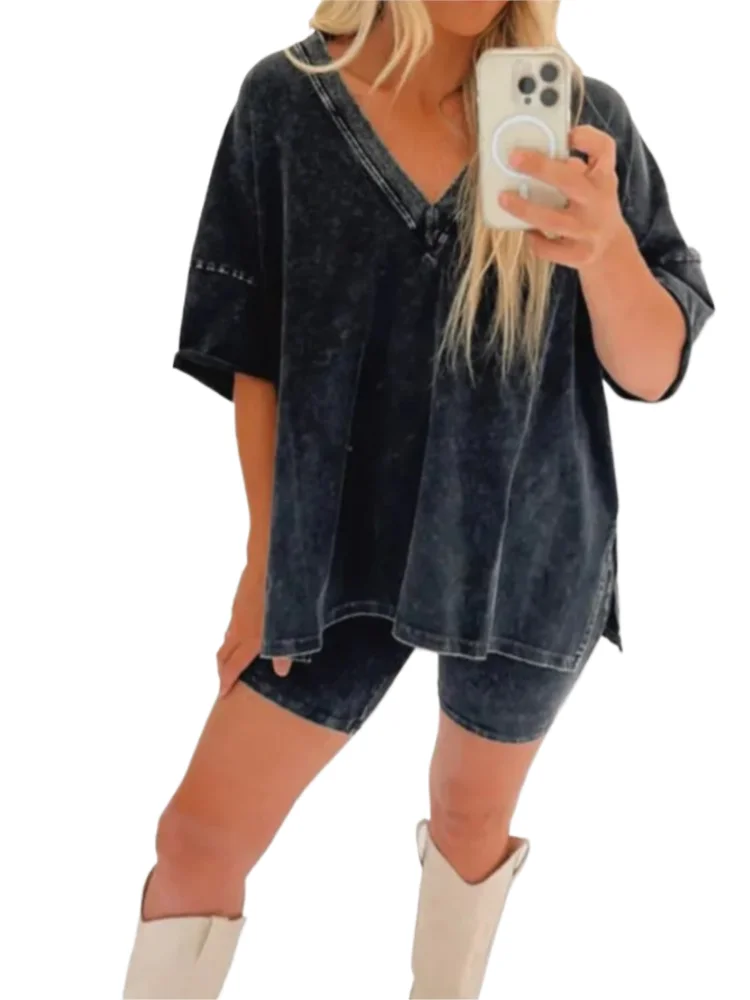 

2 Piece Set Women Summer Korean Casual V Neck Side Split Short Sleeves Loose T-shirt Elastic Waist Bodycon Pants Lady Sportswear