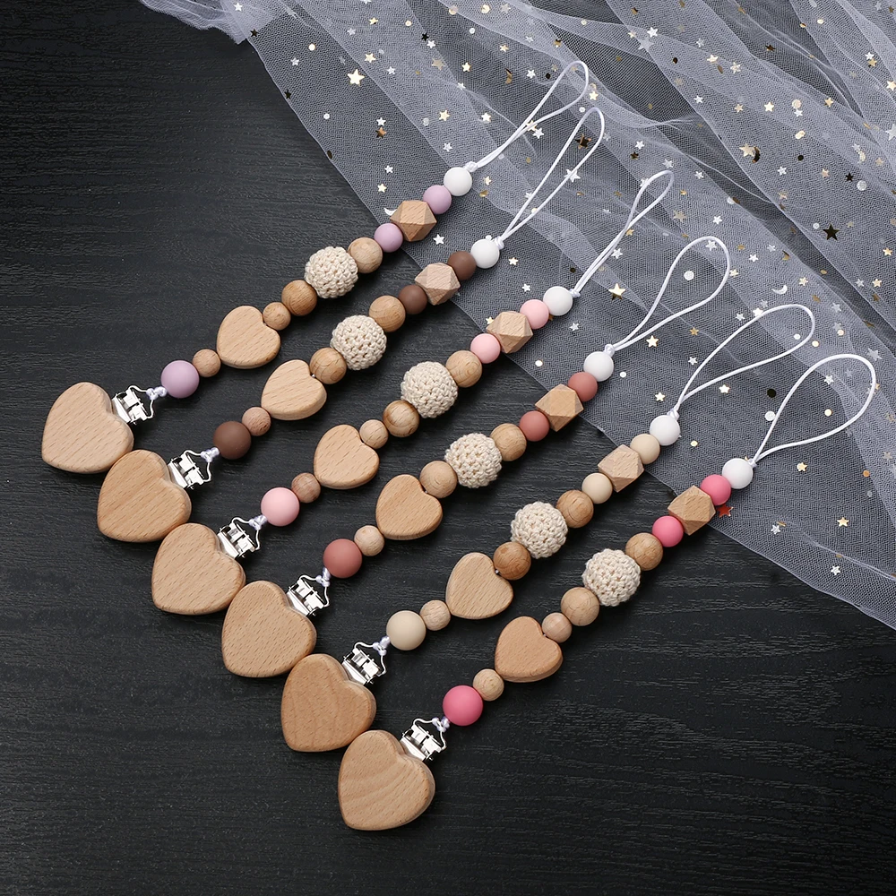 New Heart Baby Anti-Drop Chain Pacifier Clips Silicone Beads Infant Nipple Appease Soother Chain Clips Dummy Holder Nipple Clip