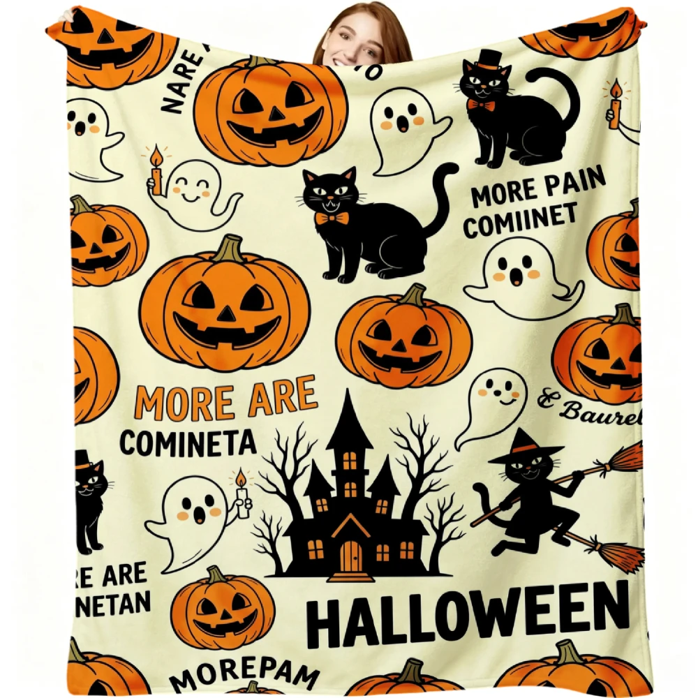 1pc Halloween Pumpkin Ghost Black Cat Haunted House Print Flannel Blanket Soft Comfortable Warm Bed Cover Autumn Winter Season Home Sofa Bedroom Decor Halloween Thanksgiving Christmas Festival Gift