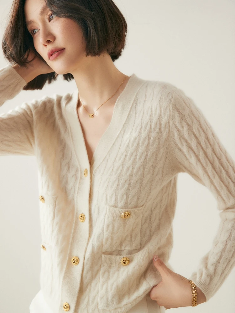 

Autumn Winter Women Sweater V-Neck Gold Button 100% Cashmere Cardigan Sweater Coat Ladies Temperament Retro Long Sleeve Knit Top