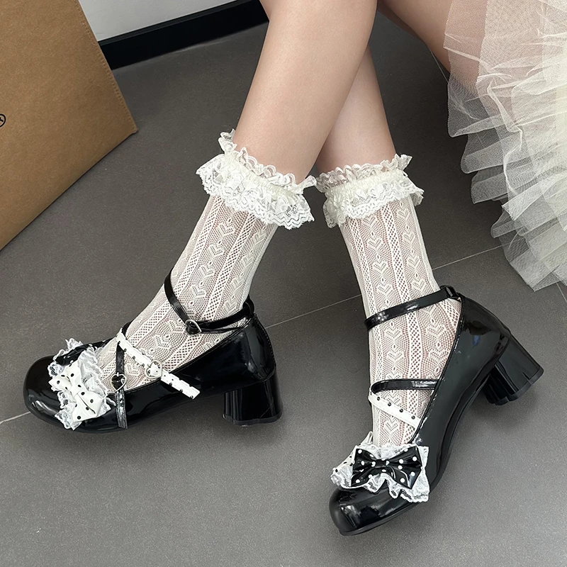 Women's 2026 New Elegant Lace Bow Decorative High Heels Spring and Autumn Solid Color Cross Buckle Design Mary Jane Shoes