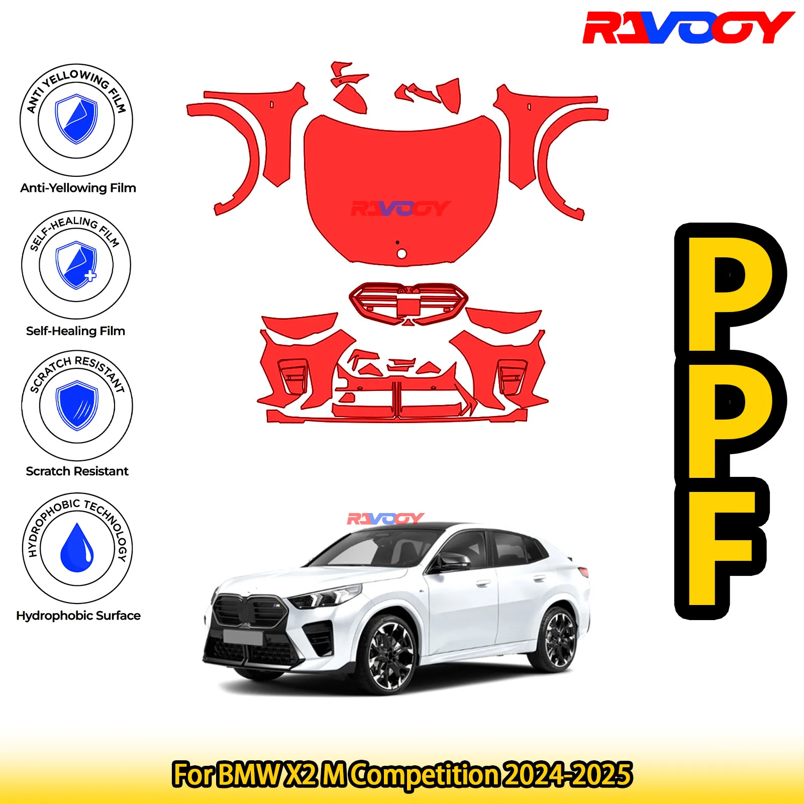 

Для BMW X2 M Competition 2024-2025 глянцевая матовая черная предварительно вырезанная передняя защитная пленка PPF Kit