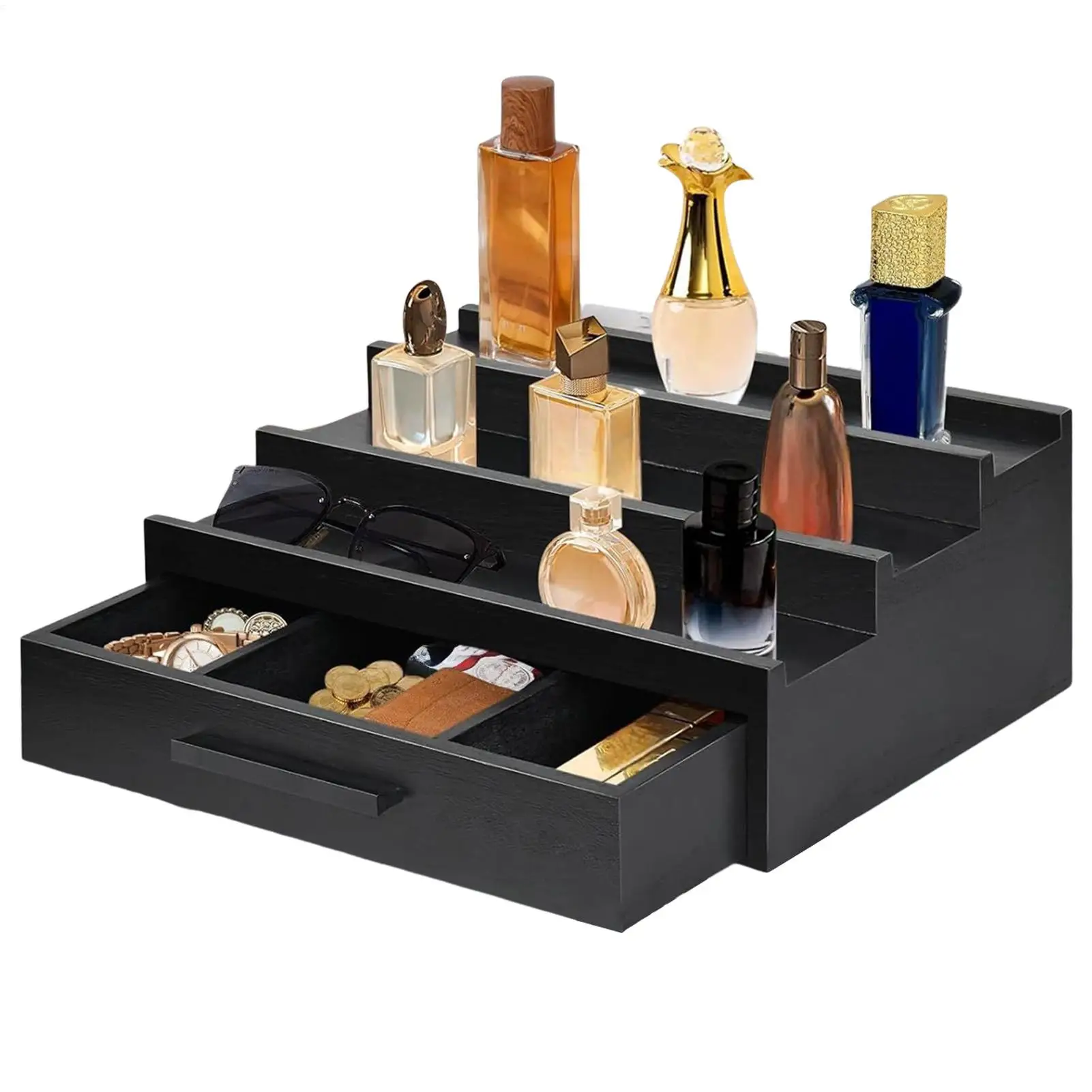 Parfüm-Organizer, Parfüm-Rack-Organizer, 3-stufiger Display-Riser-Ständer, Holzdüfte, Regal mit Schubladen für Uhren, Schwarz