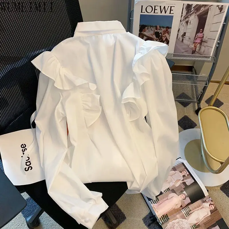 Französisches, schickes, luxuriöses, langärmliges Hemd mit Blumenmuster für Damen im Frühling, lockeres Jackenoberteil im Hofstil