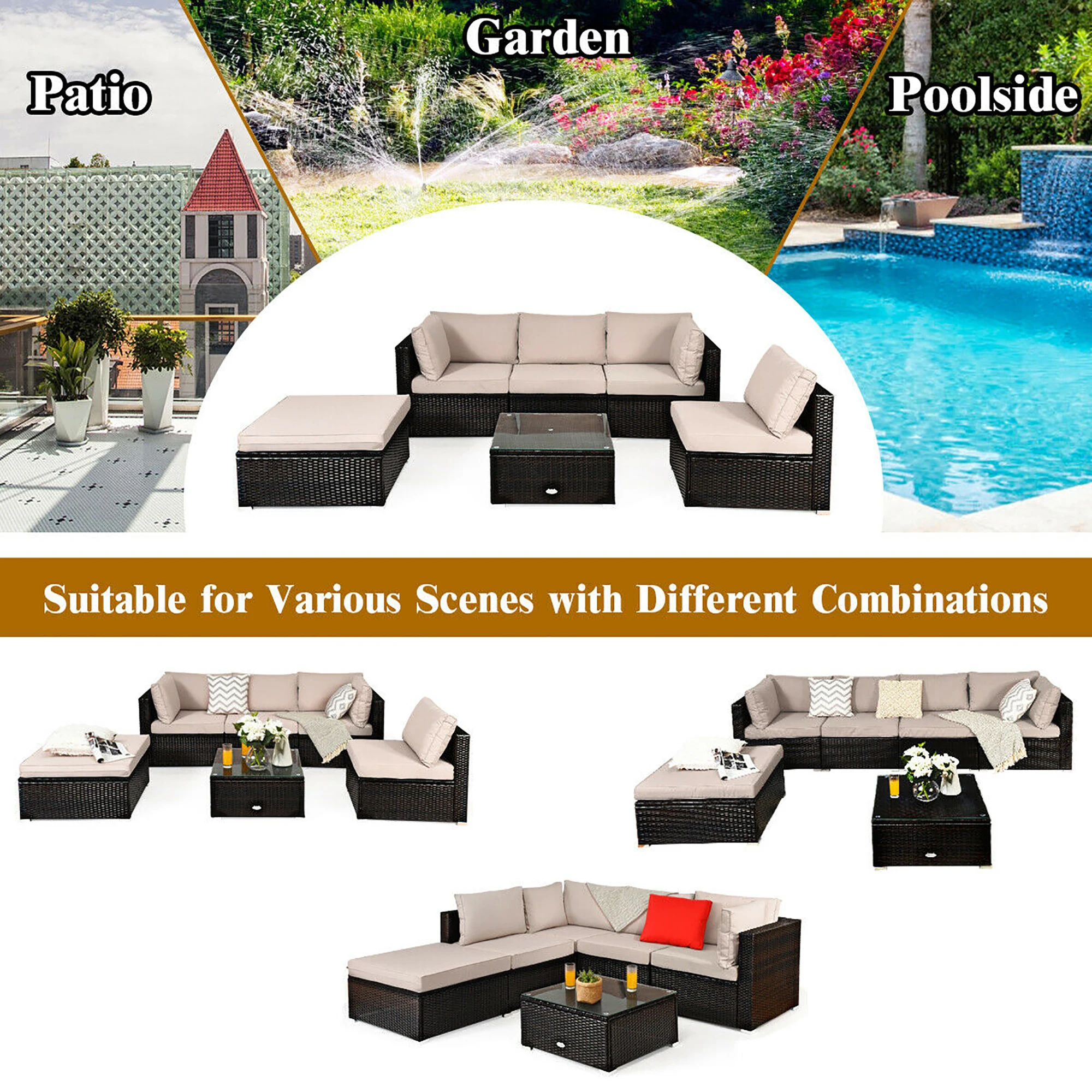 6PCS Outdoor Patio Rattan Furniture Set Cushioned Sectional Sofa Ottoman