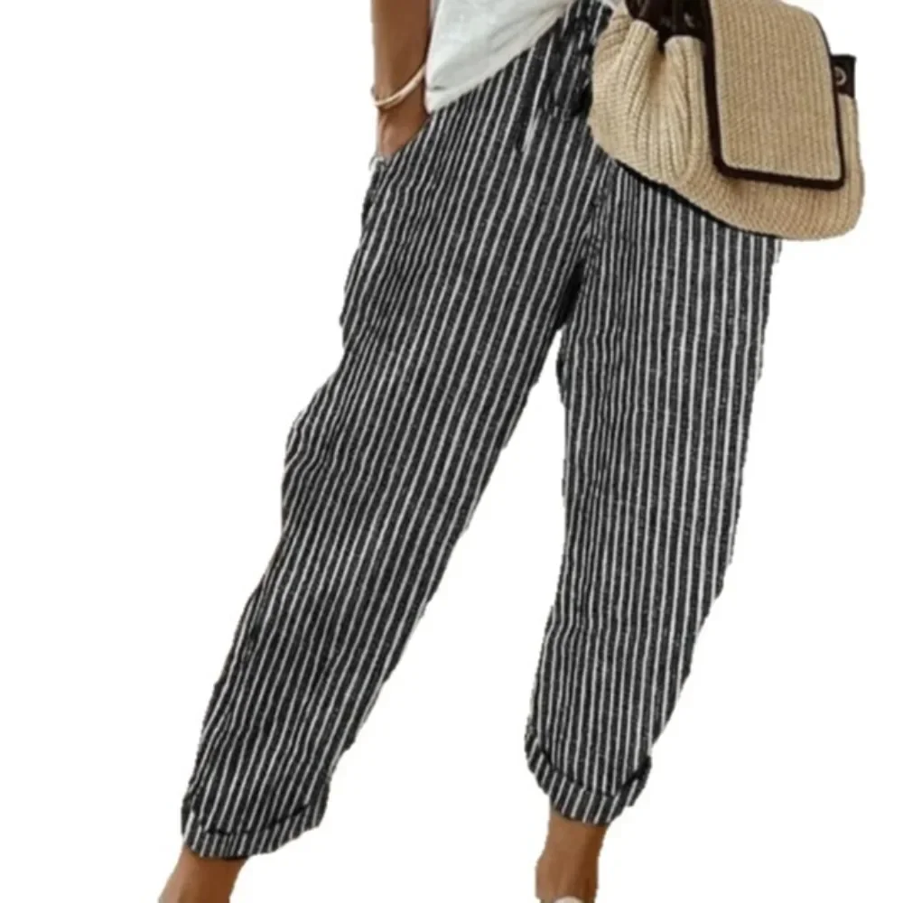 Women Striped Print Pocket Loose Pants Elastic Waist Breathable Flattering Casual Daily Streetwear Comfy