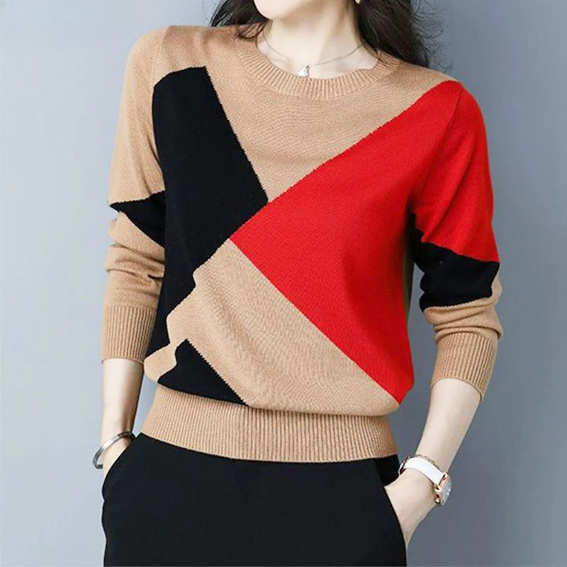 

Elegant Fashion O-Neck Splicing Contrast Colors Knitted Pullovers for Women New Long Sweaters Sleeve Top Women's Clothing V1600