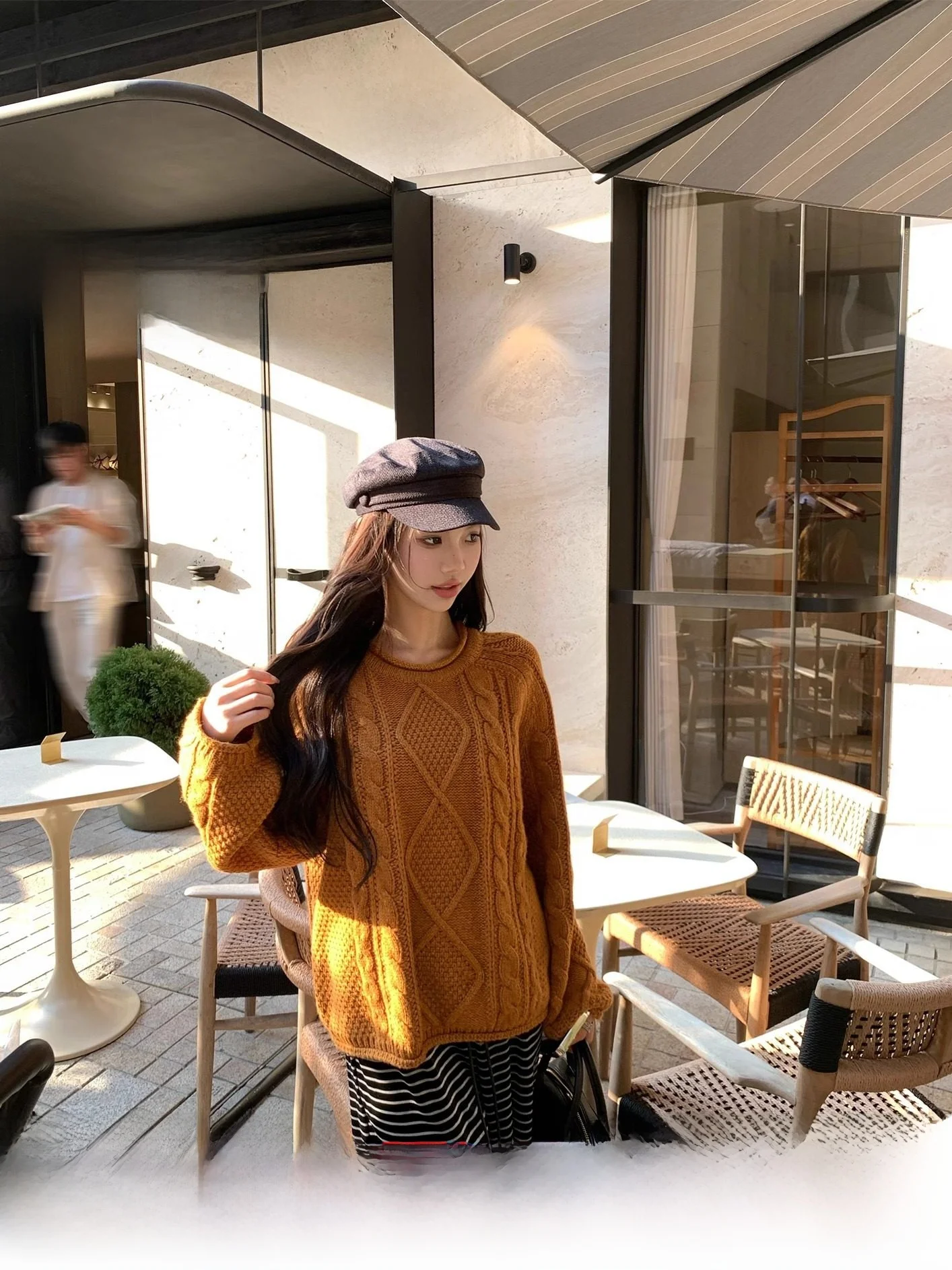 

Утепленный шерстяной вязаный кардиган-свитер карамельного цвета с ромбовидным узором для женщин, свободный крой, длинный рукав, круглый вырез, пуловер