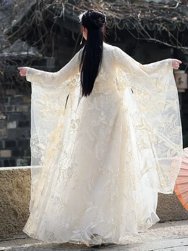 Spitze Stickerei Hanfu Weibliche Cosplay Kostüm Sommer Atmungsaktive Fee Chinesischen Stil Kleid Nationalen Tanz Performance Kleidung