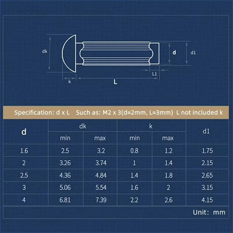 M1.6 M2 M2.5 M3 M3.5 M4 M5 304 A2 Stainless Steel Round Button Head Knurled Shank Solid Rivet for Label Name Plate GB827