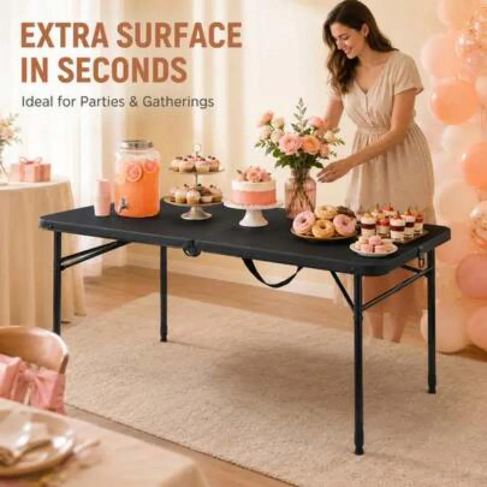 Black 4ft Adjustable Folding Table, Portable Heavy Duty Multipurpose Utility Table for Parties Camping Picnics Indoor Outdoor Events, Space Saving Easy Clean Rectangular Dining Craft Table with Carry Handle