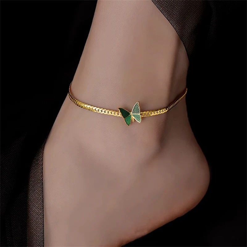 316L Stainless Steel New Fashion Upscale Jewelry Welding Green Butterfly Charms Thick Chain Choker Necklaces Anklets For Women