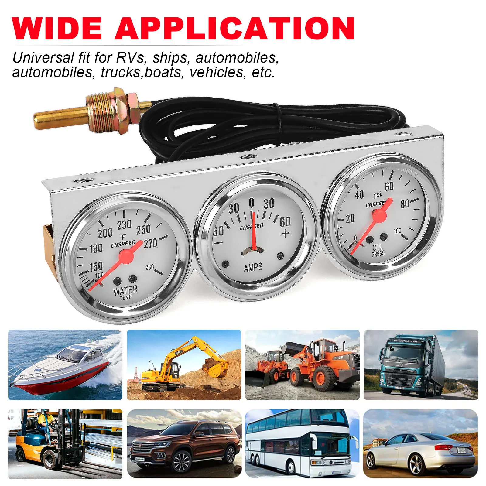 

52mm Triple Gauge Mechanical Chrome Volt 8-16V Oil Pressure Water Temp Voltmeter 3 in 1 Car Modification Gauge Kit with Sensor