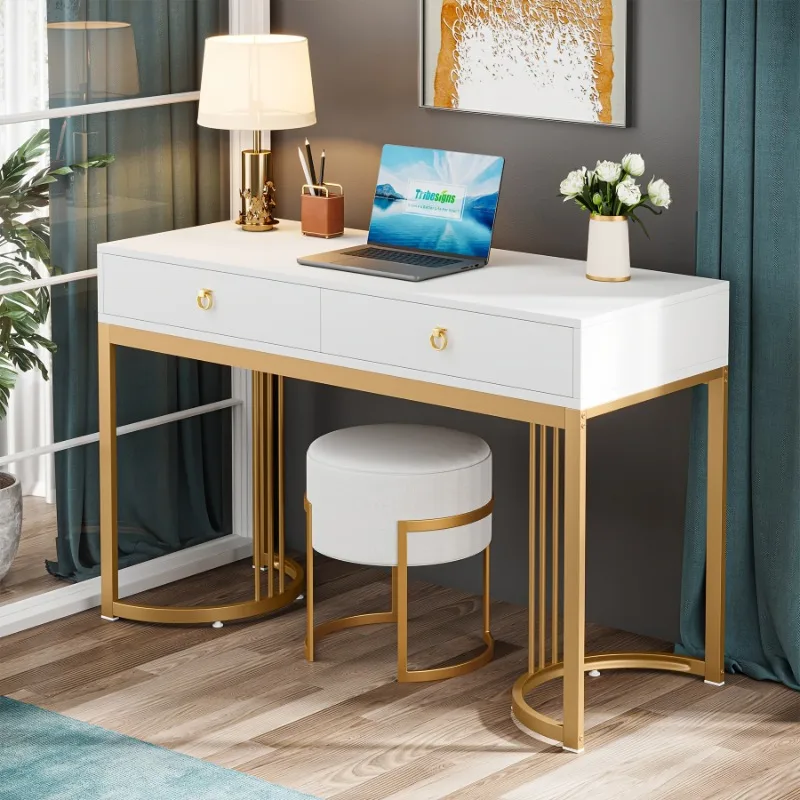 47-inch computer desk with 2 drawers, modern and simple white dresser, heavy-duty gold metal frame handle for bedroom.