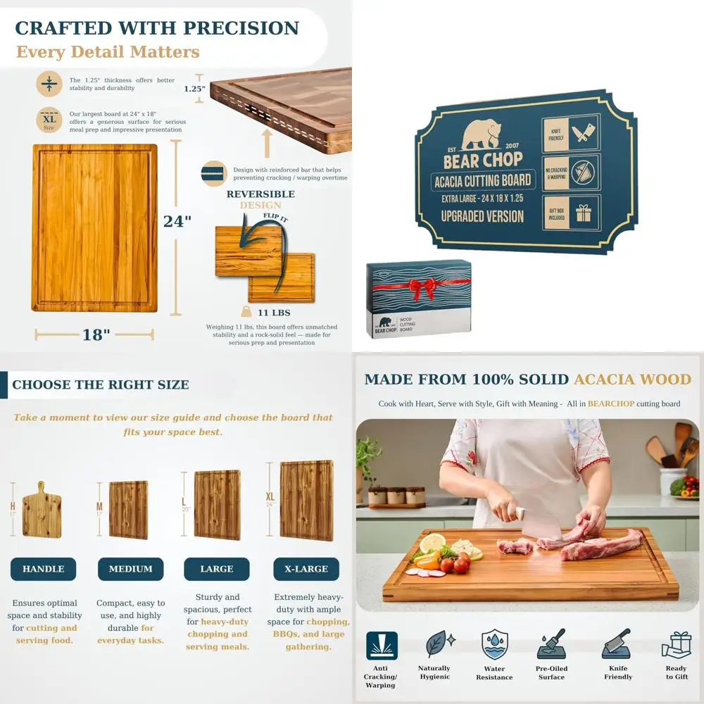 

Large Acacia Wood Cutting Board, 24x18 Inches, with Juice Groove & Handle, Anti-Cracking Design, Ideal for Kitchen Use