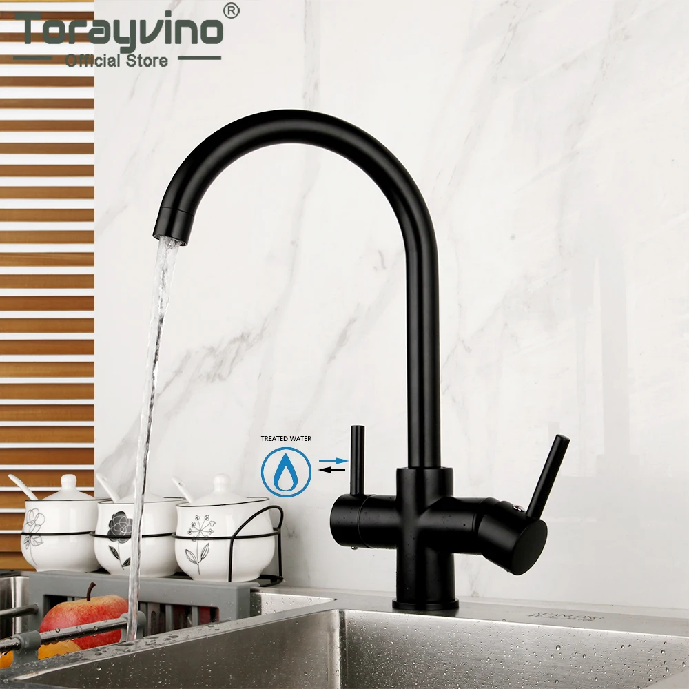 

Torayvino 360 Degree Swivel Matte Black Kitchen Faucet Brass Drinking Deck Mounted Dual Handles Sink Faucets Mixer Water Tap