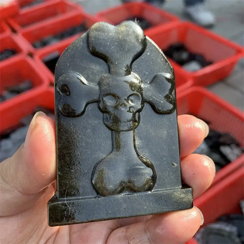 

Natural Silver And Golden Obsidian Death Tombstone Carving Collection Healing Children Birthday Gift Home Decoration Crafts 1PCS