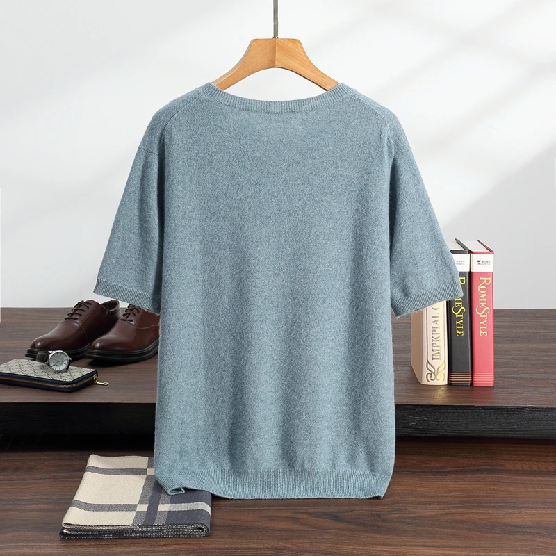 Camiseta para hombre Primavera/Novedad de verano 100% cachemir de manga corta para hombre jersey de punto con cuello redondo chaleco ropa informal de negocios para hombre