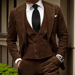 3 Pcs Corduroy Men's Suits (Jacket + Vest + Pants) Fashion Sets Groomsmen Tuxedos for Wedding Groom Suit Jacket Custm Made