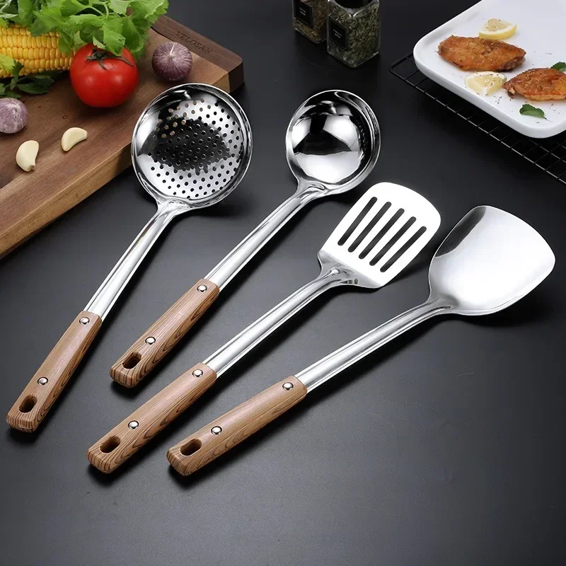 

5Pcs/Set Kitchen Cooking Tool Thickened Stainless Steel Stir-fry Spoon Frying Spatula Soup Spoon Spatula Strainer Home Tools