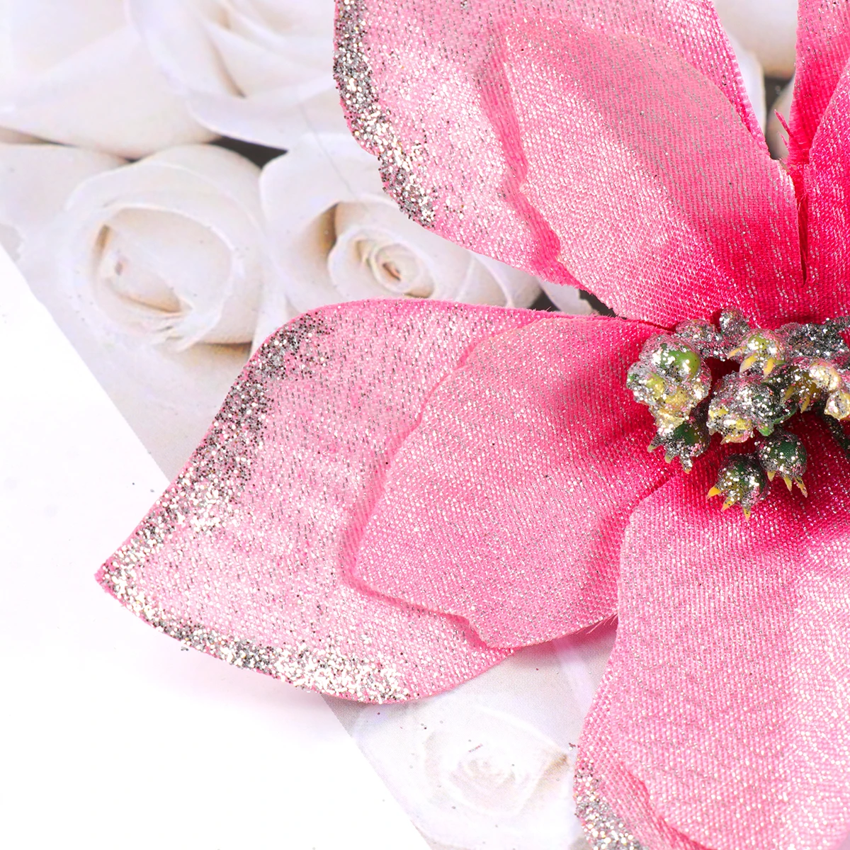 

24pcs Christmas Flower Decor Artificial Glitter Fake Flowers For Tree Wedding Party Supplies Pink Simulation Lightweight