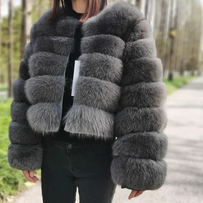 

New Chic Autumn Winter Fur Coat Women Faux Fox Fur Jacket Thickened Warm Long Sleeve Windproof Snow Jacket Cropped Top Outerwear