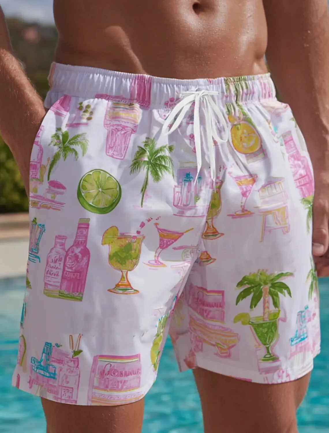 Men's Coconut Tree Print Casual Shorts Hawaiian Beach Style Drawstring Waist Side Pockets Holiday Apparel for Summer