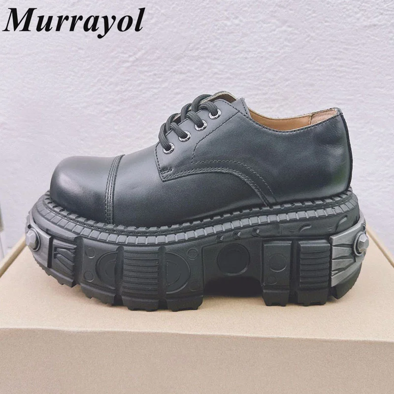 

Genuine Leather Thick Bottom Casual Shoes Women's Solid Color Lace Up Flat Shoes Four Seasons Walking Shoes Motorcycle Boots