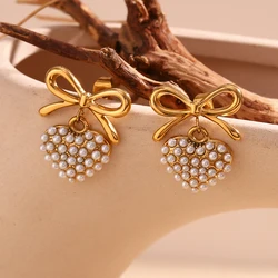 E.B.belle Pearl Love Pendant with Bow Knot Earrings 18K Gold Plated Women's Earrings 316L Stainless Steel Decoration