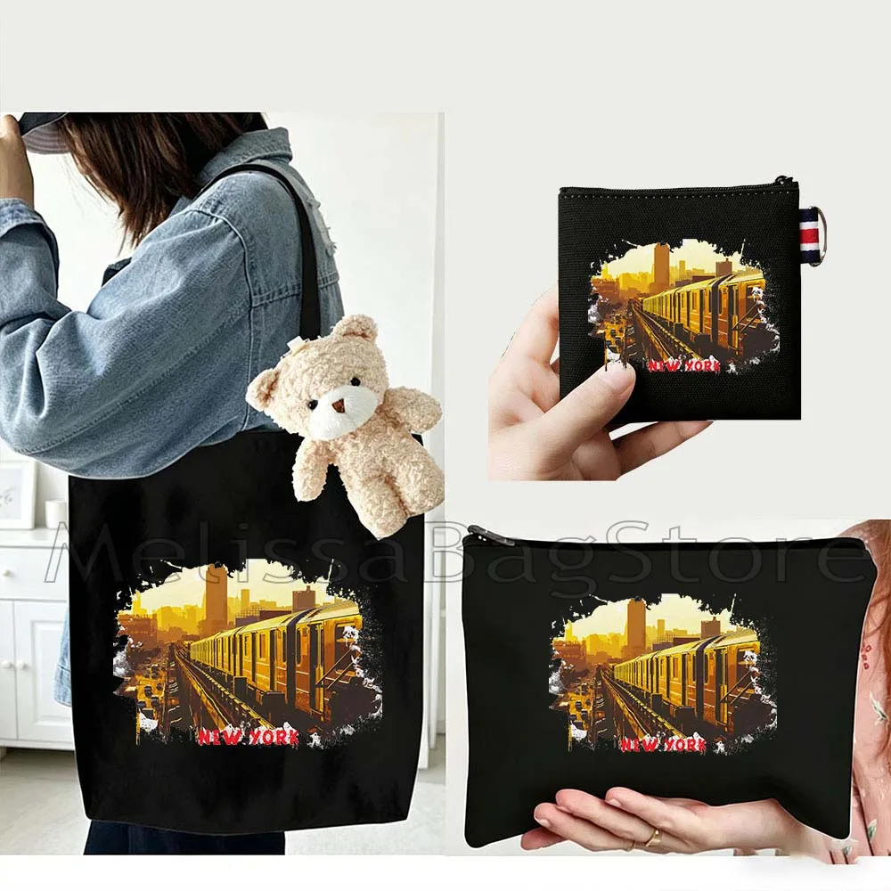 4PCS Gift Set New York City Black Canvas Tote Bag Handbag with Doll Key Coin Purse Cosmetic Makeup Toilet Bag Case Pouch