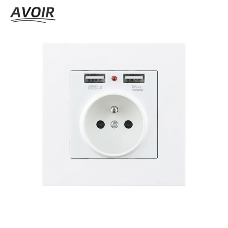 Toma de corriente eléctrica de pared, enchufe estándar francés FR con doble Usb 2A, Blanco, Negro, dorado, gris, Panel de plástico, tomas eléctricas