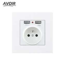 Avoir Wall Power Electric Socket FR French Standard With Double Usb 2A White Black Gold Gray Plastic Panel Electric Outlets 220V