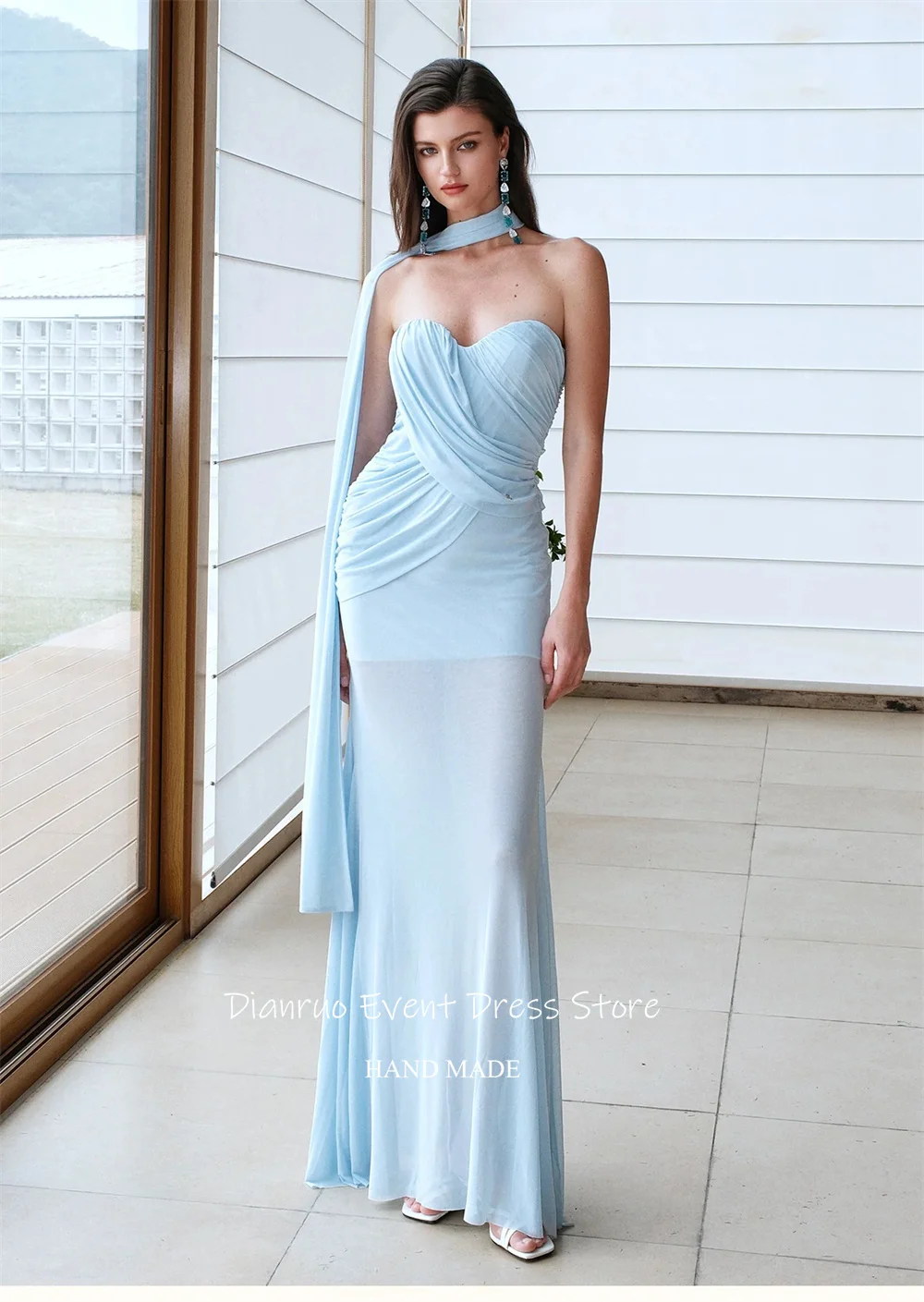 Dianruo リボン付きイリュージョンイブニングドレス ストレートスイートハート ラッフル装飾付き ベスティドス・デ・フェスタ ライトブルー サマープロムガウン 2025 カスタマイズ可能