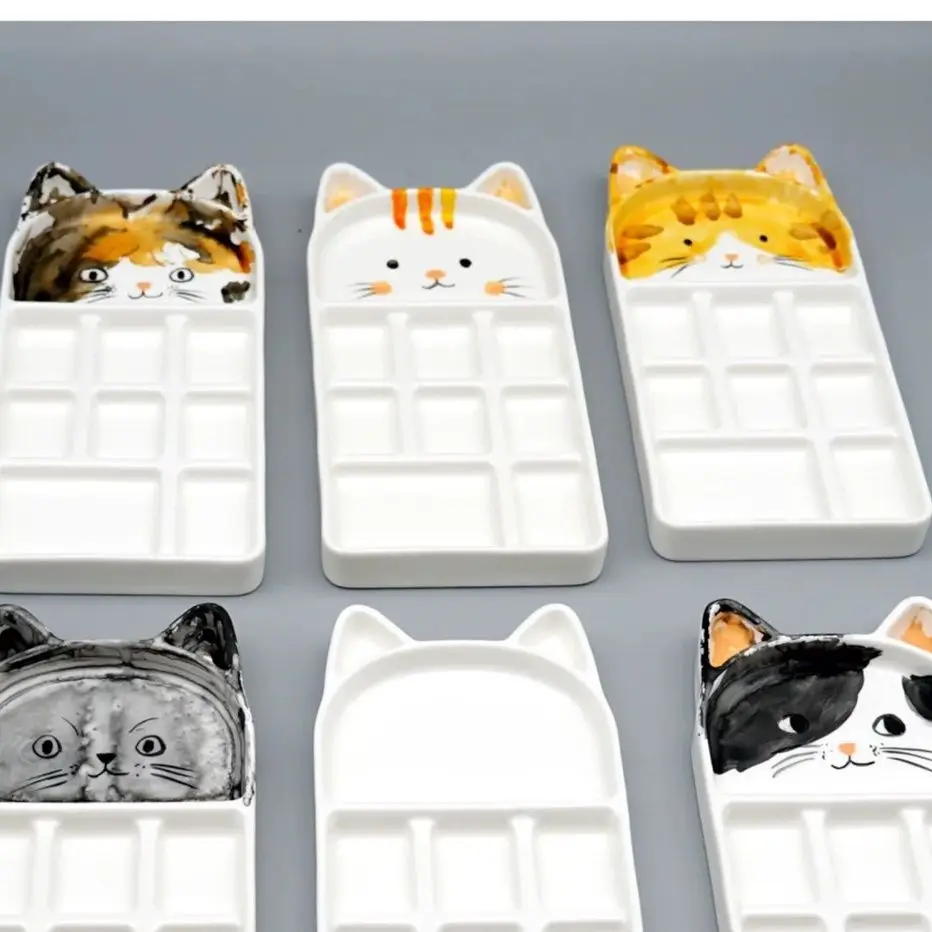 Cat Ceramic Palette Handmade Paint Plate Watercolor Chinese Painting Ceramics Easy To Clean Portable Empty Watercolor Palette