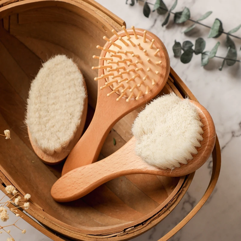 Baby Natural Wooden Hair Brush Round Shape Wooden Massage Comb Brush with Soft Wool Portable Newborn Head Massager Birth Gifts