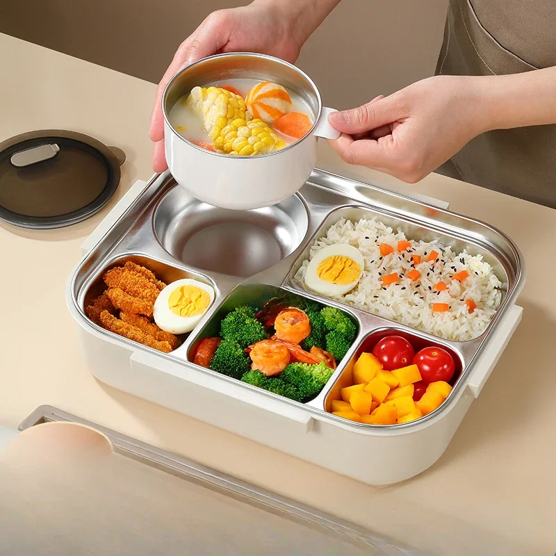 Large five compartment lunch box with lid, soup bowl, office worker lunch box, insulated 304 stainless steel plate