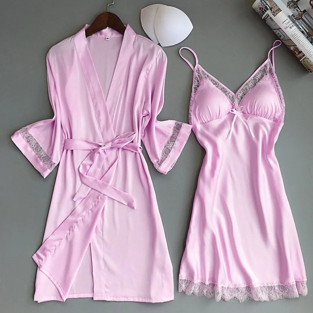 Conjunto de 2 piezas de pijamas para mujer, bata de seda, Kimono con adorno de encaje, vestido de noche para dama de honor, lencería Sexy de satén,